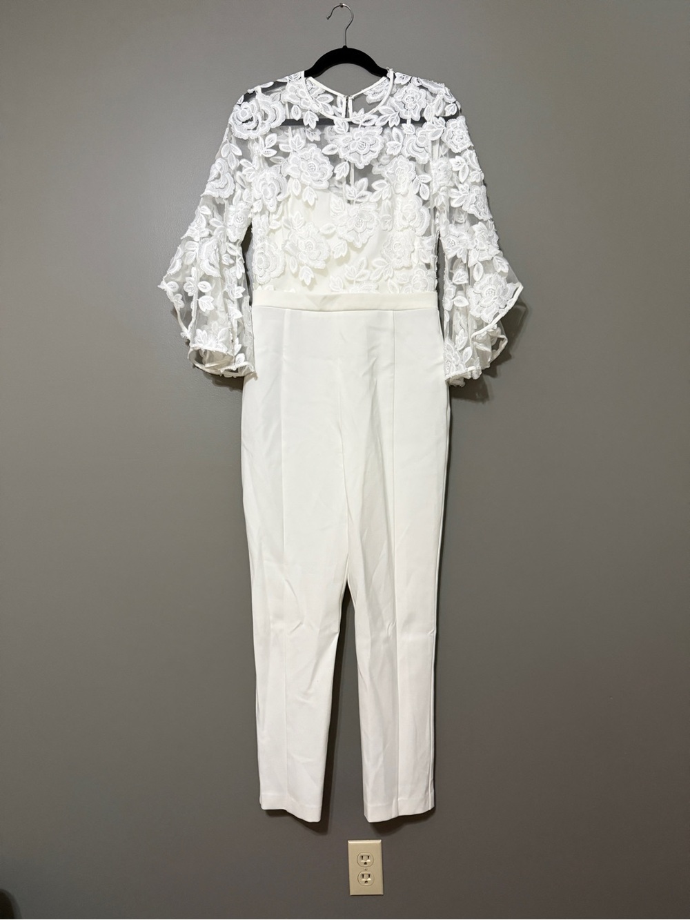 Black Halo White Lace Jumpsuit with Sheer Bell Sleeves